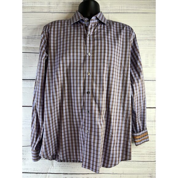 Robert Graham Men’s L Plaid Button-Up Shirt Purple Brown Cotton Modern Americana - Picture 1 of 15